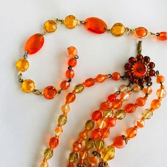 Mid-Century West German Gablonz Glass Beaded Triple Strand Necklace Floral Clasp - Picture 8 of 10